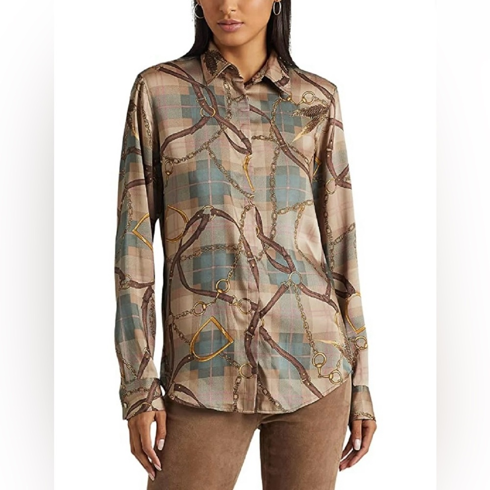 NWT Ralph Lauren Women's Plaid Belting Print Twill Shirt Brown